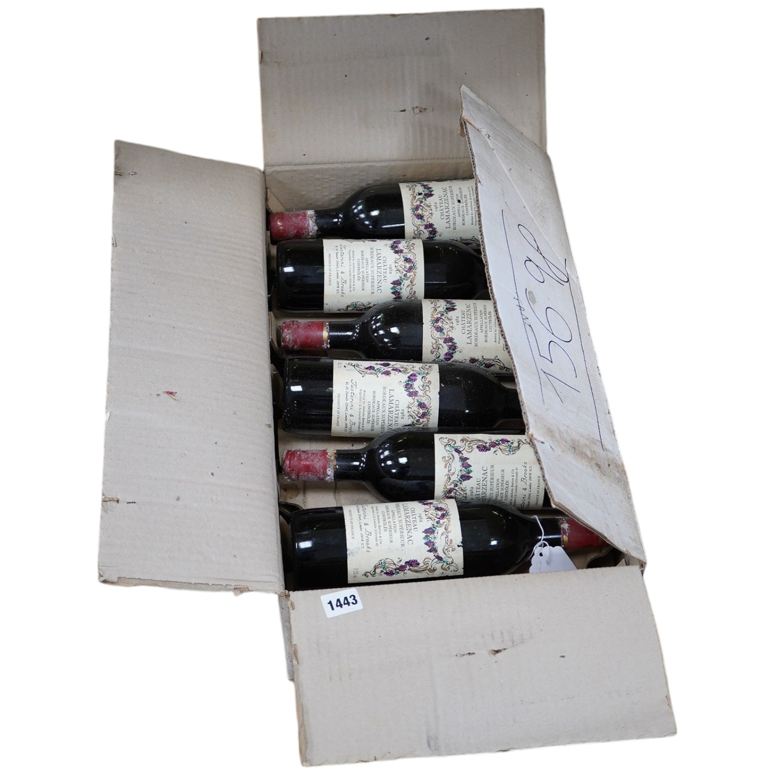 Twelve bottles of 1982 Chateau Lamarzenac Bordeaux Superieur Controlee red wine. Condition - fair, storage history unknown